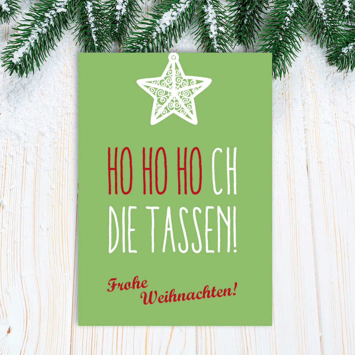 Weihnachtskarte: HO HO HOCH die Tassen! Individuelle Einladung